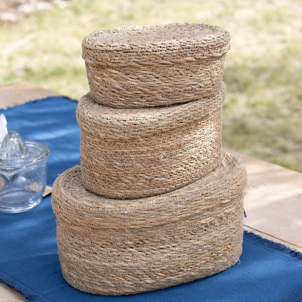 Oval Hand-Woven Seagrass Baskets with Lids