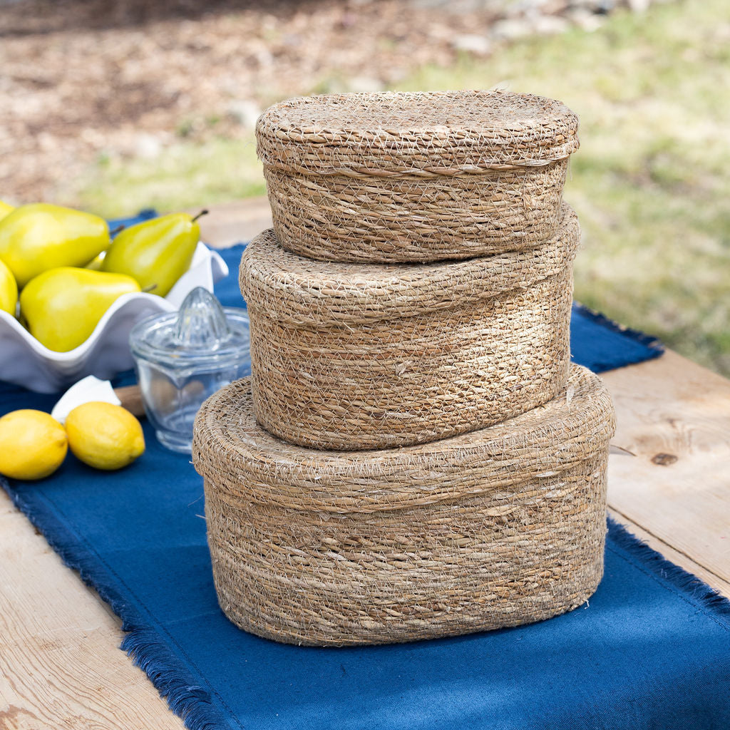 Oval Hand-Woven Seagrass Baskets with Lids