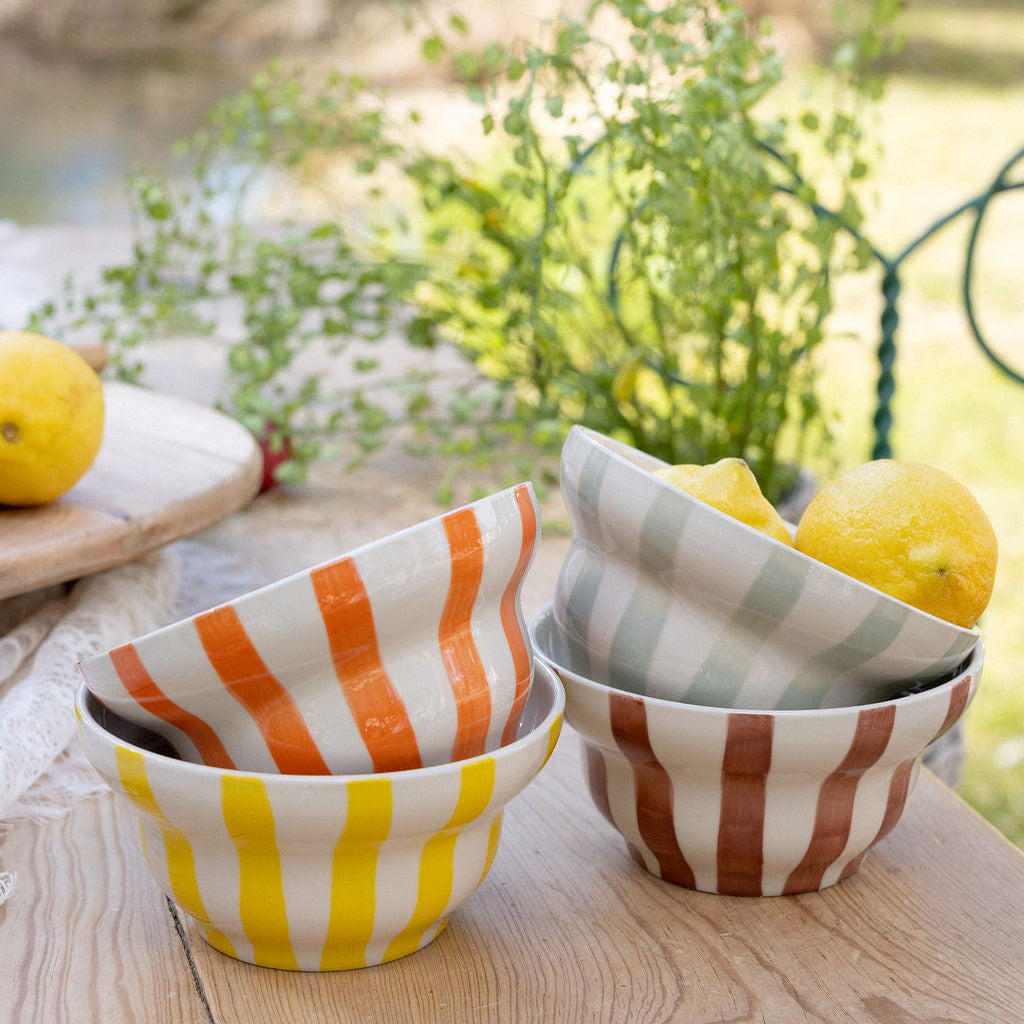 Hand-Painted Stoneware Striped Bowl