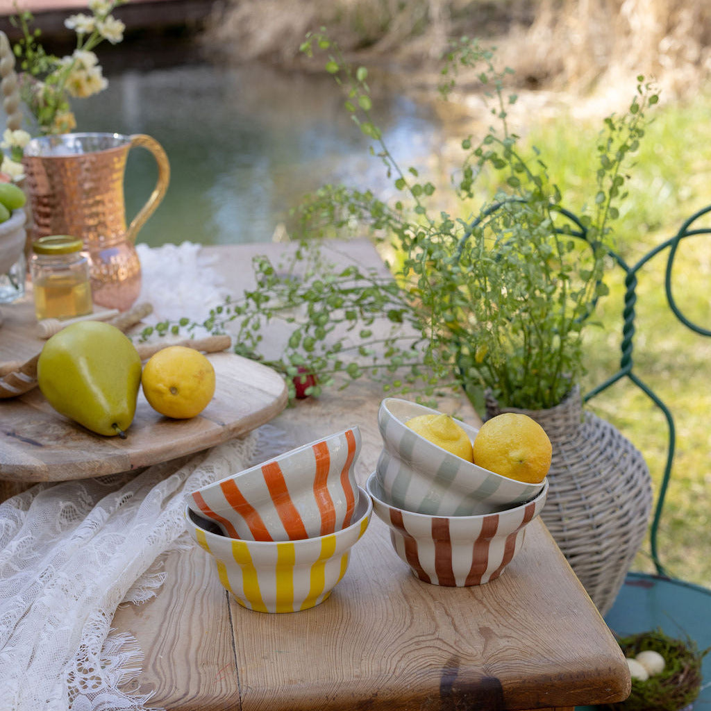 Hand-Painted Stoneware Striped Bowl