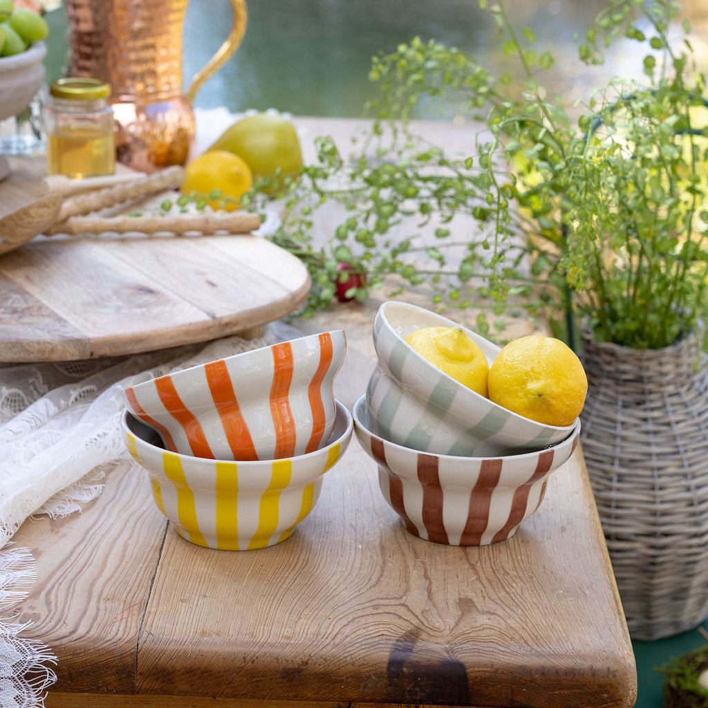 Hand-Painted Stoneware Striped Bowl