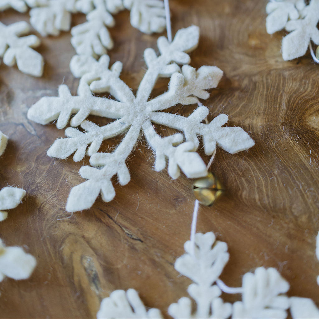 Wool Felt Snowflake Garland with Gold Bells