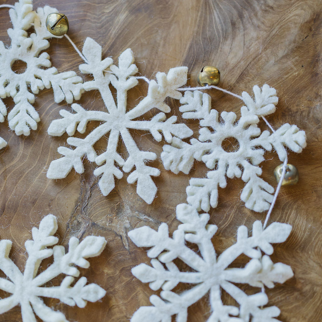 Wool Felt Snowflake Garland with Gold Bells