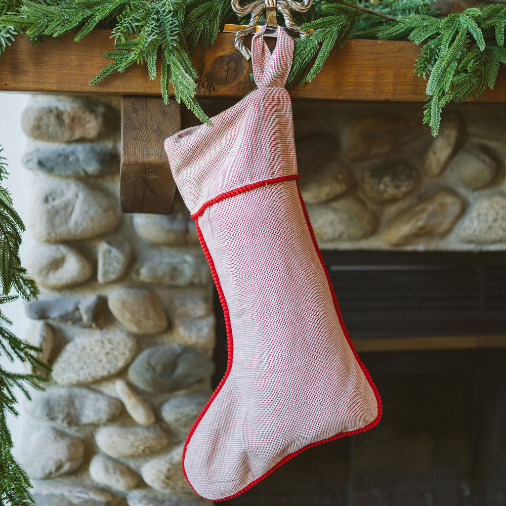 Woven Cotton Stocking with Red Pom Pom Trim