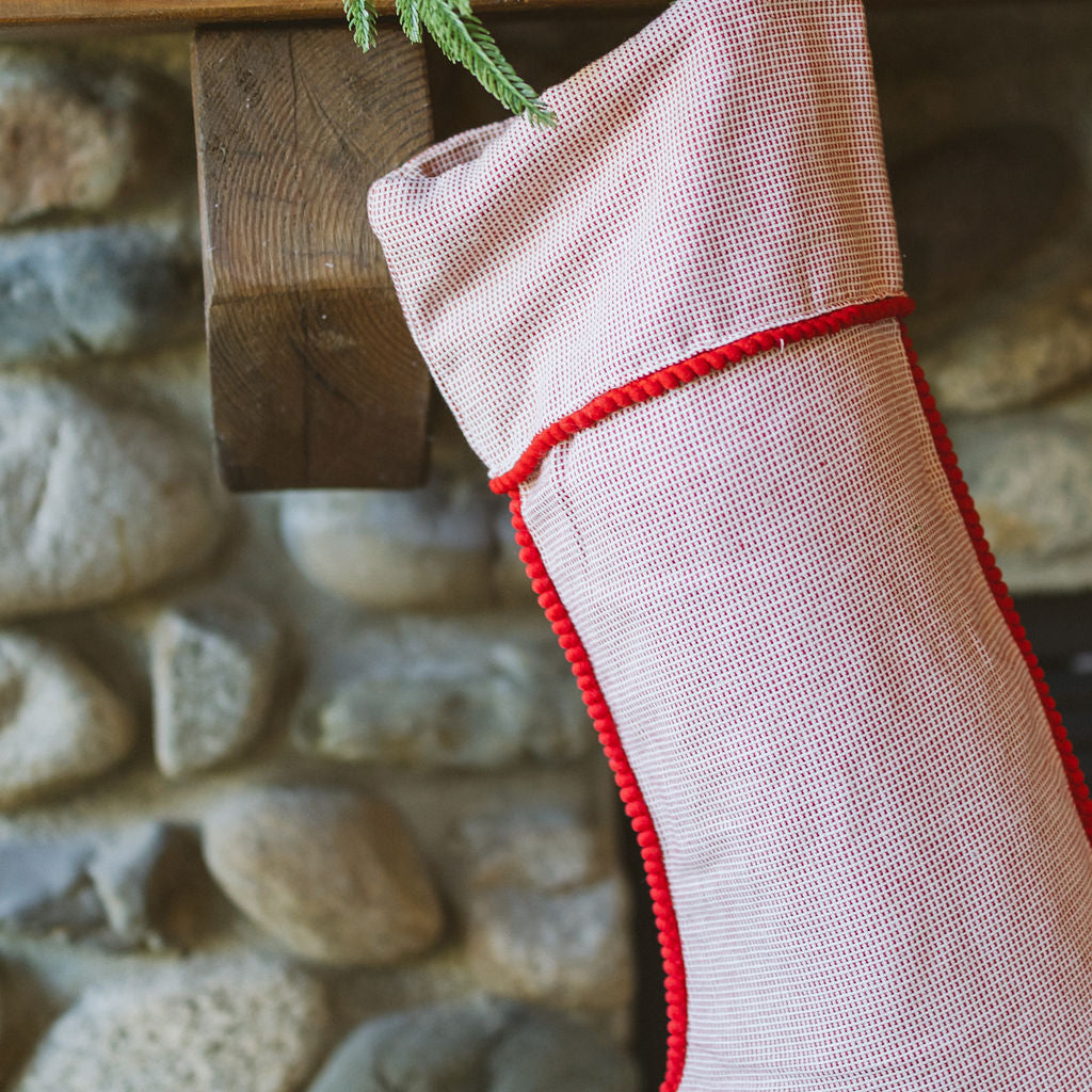 Woven Cotton Stocking with Red Pom Pom Trim