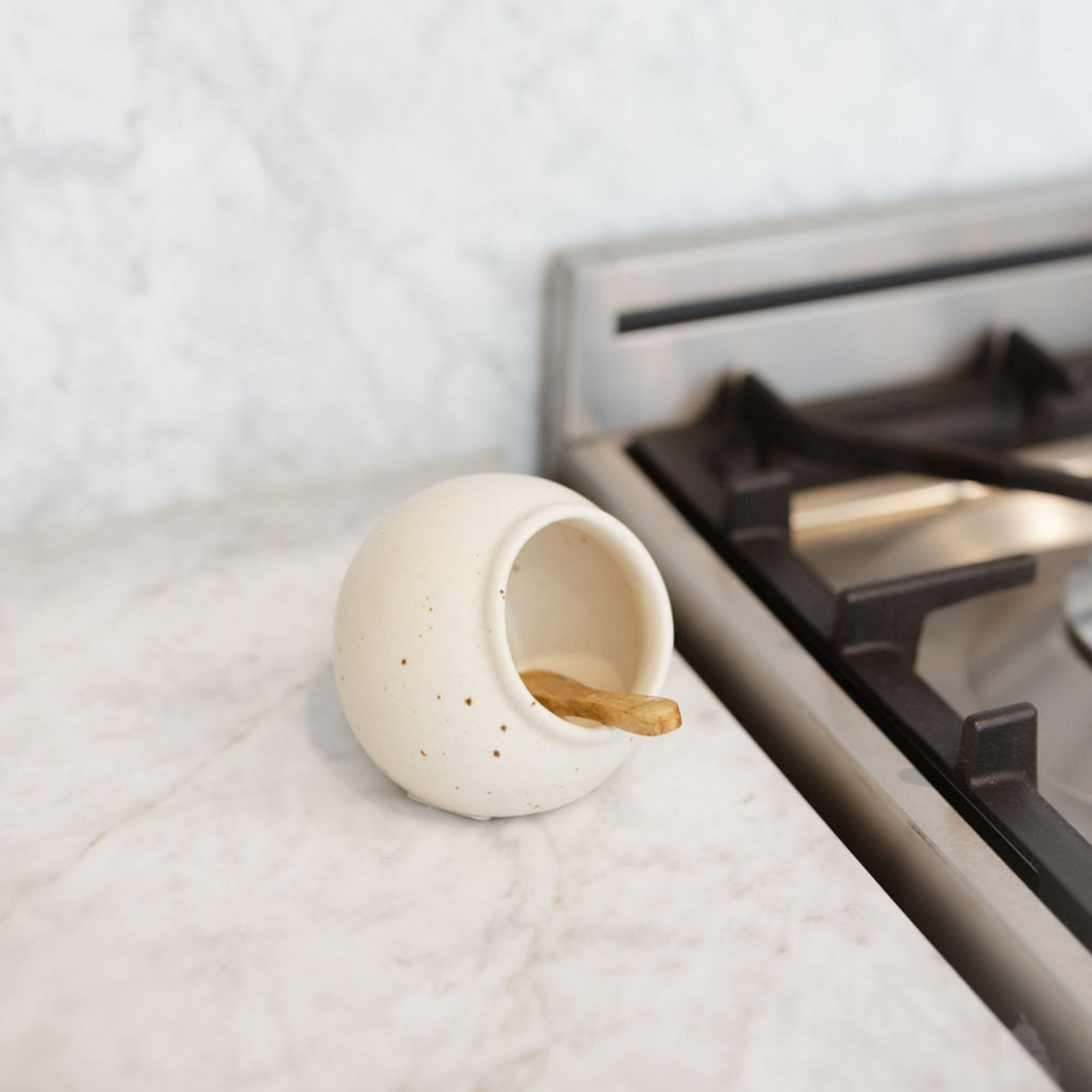 Stoneware Salt Cellar w/ Mango Wood Spoon